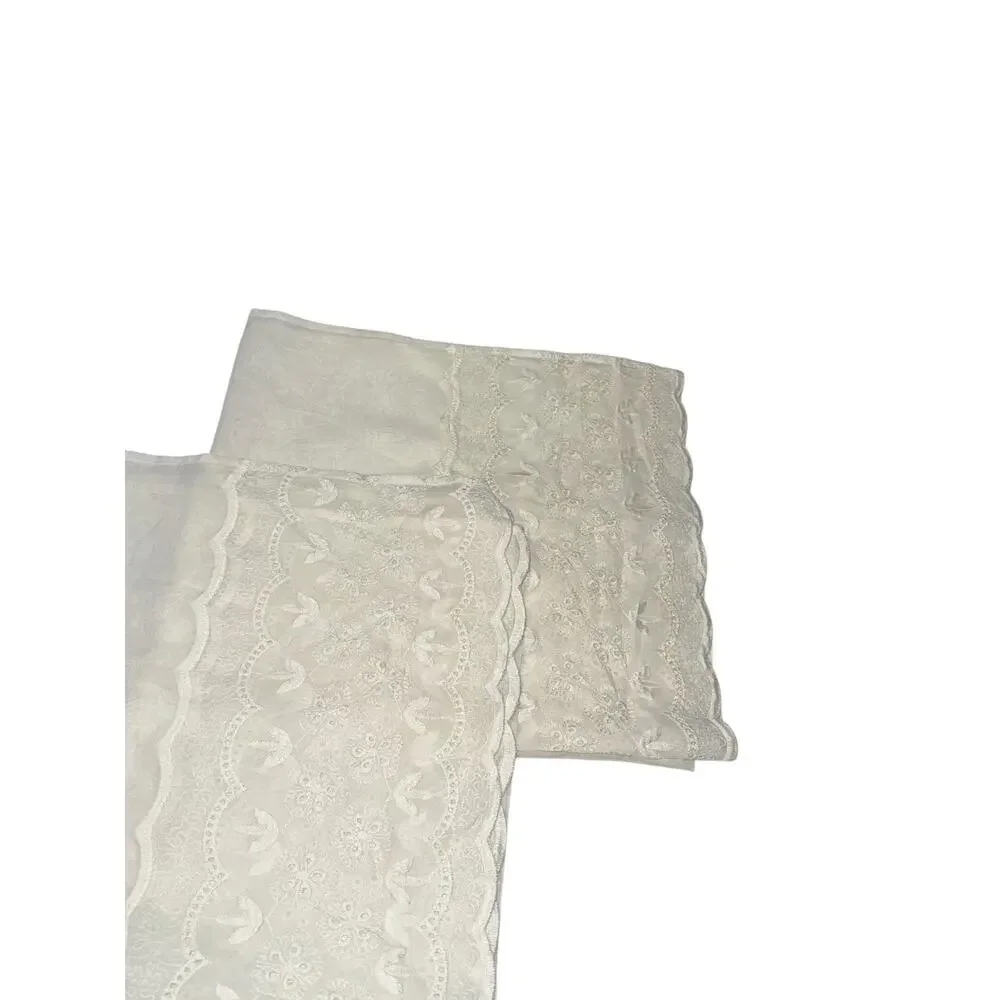 Pair of Vintage Ivory Embroidered Valances Short Curtains 2 Panels Sheer Cottage